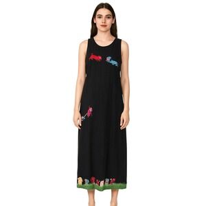 MICHAEL SIMON Dog Print Maxi tee dress in black summer dress‎ embroidered dogs